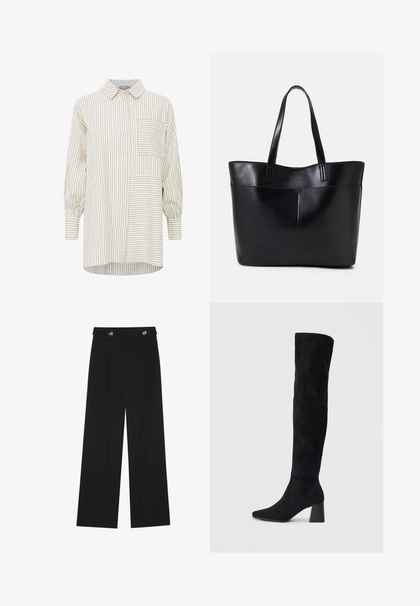 Riblja srajca v bež in smetanastih tonih, z žepom na prsih, dolgimi rokavi in sproščenim krojem s zaobljenim robom.; Črne široke hlače s visokim pasom, gumbnimi detajli na pasu in sprednjimi gubami.; Črne semiš škornje do kolen z blok peto, s koničastim nosom in gladkim, brezšivnim dizajnom na enostavni svetli podlagi.; Črna usnjena torba z dvema dolgima ročajema, gladko teksturo in strukturirano obliko. Ima sprednji žep za dodatno shranjevanje.