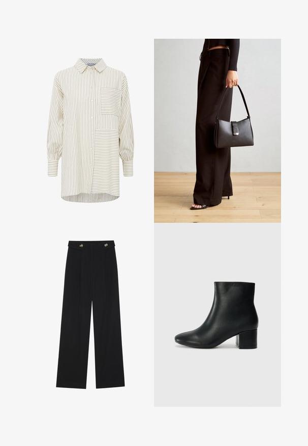Csíkos, bézs és krémszínű gombos ing, mellzsebbel, hosszú ujjakkal és kényelmes, lekerekített alsó szegéllyel.; Fekete, bő szárú nadrág magas derékkal, gombos részletekkel a derékrészen és elülső pliszékkal.; Fekete bőr bokacsizma hegyes orral és vastag sarokkal. Sima felület minimális díszítéssel és karcsú, passzos kialakítással.; Fekete kézi táska strukturált formával, sima textúrával és fémből készült záródással. Széles fekete nadrággal és nyitott orrú szandállal párosítva, fából készült padlón.