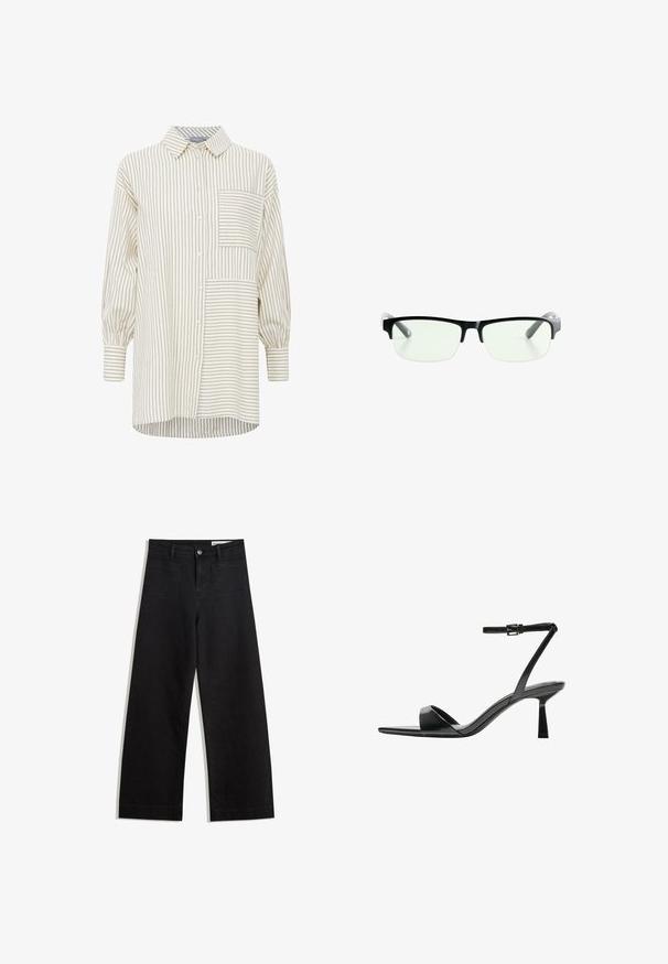 Geruite overhemd in beige en roomkleur, met een borstzak, lange mouwen en een relaxed fit met een afgeronde zoom.; Zwarte denim broek met wijde pijpen en een hoge taille, voorzien van voor- en achterzakken, gestikte naden en een knoopsluiting. Gladde textuur.; Bershka Sandalen met hoge hak - black; Zwarte rechthoekige bril met heldere glazen, uitgerust met slanke zwarte monturen en grijs transparante pootjes. Minimalistisch ontwerp, geen zichtbare merknaam.