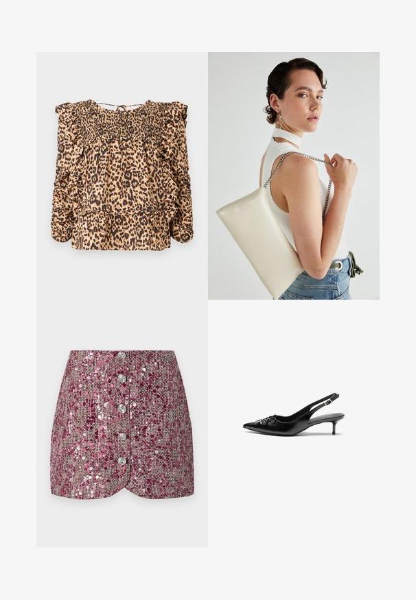 Bluză cu imprimeu de leopard, prezentând un corset plisat, mâneci fluturate și o croială lejeră; realizată dintr-un material ușor în nuanțe de bej și negru.; Fustă roz din paiete cu un țesătură texturată, având un design ajustat și cinci nasturi argintii pe partea din față. Marginile conturate și accentele strălucitoare.; Cizme slingback din piele neagră, cu vârf ascuțit, toc mic de tip kitten heel și un detaliu decorativ sub formă de nod în față. Textură netedă pe întreaga suprafață.; Geantă de clutch rectangulară albă, realizată dintr-un material lucios, având o curea de lanț argintie. Modelul pozează, evidențiind geanta pe un fundal simplu.