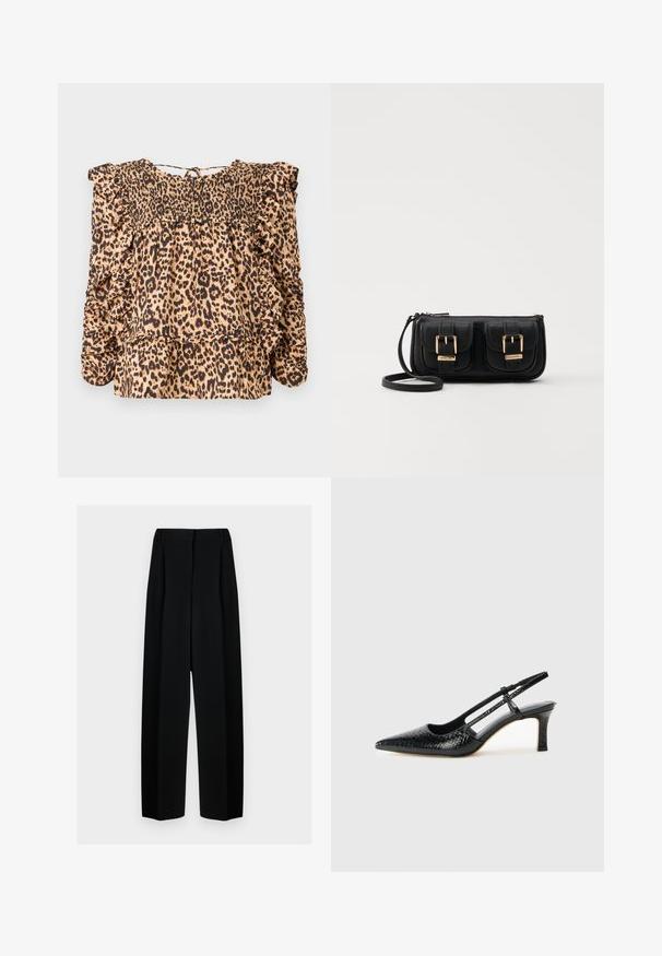 Bluza z leopardjim vzorcem, ki ima naborkano telo, frfotajoče rokave in sproščen kroj; narejena iz lahkega materiala v bež in črnih tonih.; Črne široke hlače z visokim pasom, ki vključujejo naborke in gladko teksturo. Tkanina se zdi lahka in elegantno pada.; Črne lakaste slingback pete s koničastim nosom, ki imajo teksturiran vzorec kačje kože, nastavljiv trak in kratek teksturiran blok peto.; Črna usnjena torbica čez ramo z dvema sprednjima žepoma, zlatimi zaponkami, zadrgo in ozkim pasom. Tekstura površine je strukturirana, obliko pa ima kompaktno pravokotno.