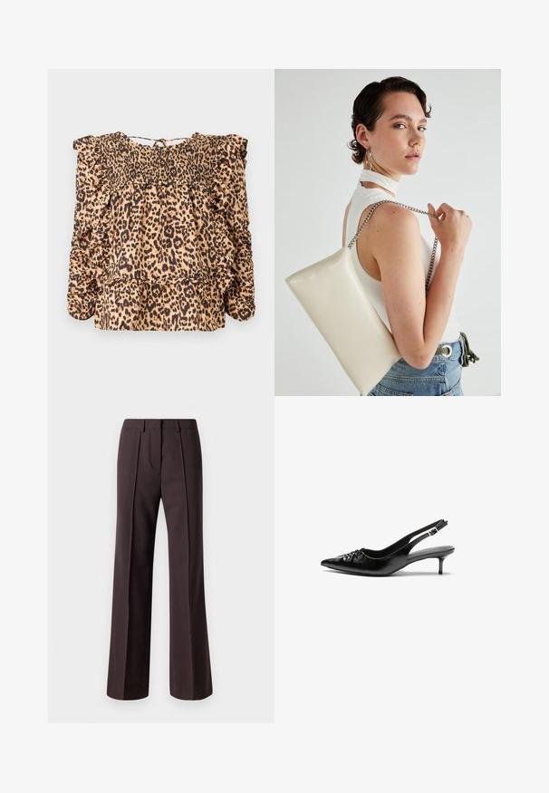 Leparda raksta blūze ar smockotu jostasvietu, volānu piedurknēm un brīvu fasonu; izgatavota no viegla auduma bēšās un melnās krāsās.; Platas kājas bikses tumši brūnā audumā ar kvalitatīvu dizainu, priekšējām krokām un gludu tekstūru, piemērotas formālām izpausmēm.; Melni ādas sandales ar norādītu pirkstu, mazu kaķa papēdi un dekoratīvu mezglu detaļu priekšā. Gluda tekstūra visā virsmā.; Balts taisnstūra clutch soma, izgatavota no spīdīga materiāla, ar sudraba ķēdes siksnu. Modelis pozē, demonstrējot somu uz vienkārša fona.