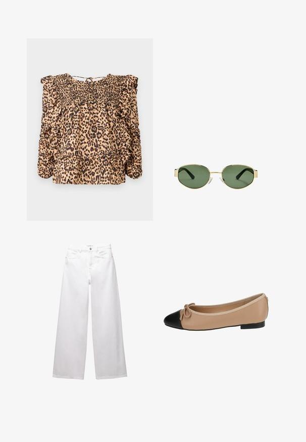 Blúzka s leopardím vzorom, ktorá má šitý trup, volánové rukávy a voľný strih; vyrobená z ľahkej tkaniny v béžových a čiernych odtieňoch.; Biele široké džínsy vyrobené z denimu. Obsahujú zapínanie na gombík, predné a zadné vrecká a prešité švy. Hladká textúra s minimálnym zdobením.; Baleríny z béžovej kože s čiernou špičkou. Obsahujú prednú mašľu a hladký povrch. Nízky profil s gumovou podrážkou.; Slnko zlatohnedých kovových rámových okuliarov s zelenými tónovanými sklami, oválnym tvarom, čiernymi stranami a priehľadnými nosnými podložkami. Čistý, minimalistický dizajn.; Malá krémová kabelka s textúrovaným povrchom, dlhým nastaviteľným popruhom, reťazovým detailom a klopovým uzáverom. Zlaté kovové prvky.