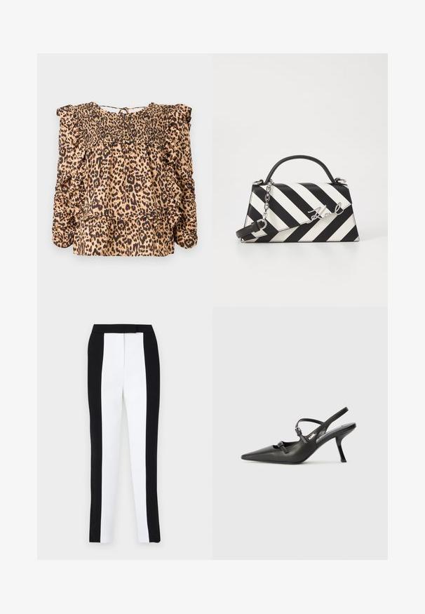 Blůza s leopardím potiskem, která má smockovanou část těla, volánkové rukávy a uvolněný střih; vyrobena z lehké tkaniny v béžových a černých tónech.; Černé a bílé zúžené kalhoty v slim fit střihu s kontrastními panely. Materiál má hladkou texturu; pas je plochý a upnutý.; Černé kožené lodičky na boku s špičatou špičkou, štíhlým podpatkem a dekorativní přezkou na nártu. Hladká textura a elegantní design.; Černo-bílá pruhovaná kabelka se strukturovaným tvarem, vybavená horní rukojetí, odnímatelným řetízkem a kovovým logem.