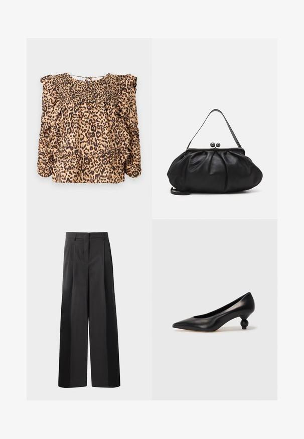Leopardi mustriga pluus, millel on elastne rinnaosa, volangkäised ja mugav lõige; valmistatud kerge kangaga beeži ja musta tooni.; Mustad laiad püksid kõrge vöökohaga, millel on ees voldid, sile tekstuur ja õmmeldud viimistlus. Kujundatud lõdva istuvuse saavutamiseks.; Must musta kõrge kontsaga king, millel on terav nina ja ümar, pallikujuline konts. Sile pind ja elegantne, minimalistlik disain.; Must mustrida nahk-kott ümmarguse, kortsunud disainiga. Varustatud metallist klambriga, millel on kaks dekoratiivset palli ja õhuke, eemaldatav rihm.