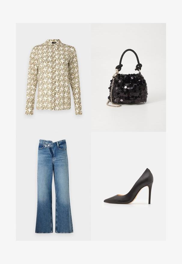 Blusa a maniche lunghe in tessuto crema con un motivo geometrico ripetuto nei toni dell'oro e del marrone. Colletto classico e chiusura con bottoni.; Jeans a zampa d'elefante in denim blu chiaro con vita alta, dotati di due bottoni e tasche frontali. Il tessuto ha una texture sbiadita con variazioni sottili.; Décolleté nera in pelle con tacco alto, punteggiato e dalla texture liscia, caratterizzata da un tacco sottile e un design minimalista.; Mini borsa a tracolla nera in paillettes con una tracolla texturizzata annodata e catena argentata. Forma rotonda con parte superiore arricciata e dettagli riflettenti.