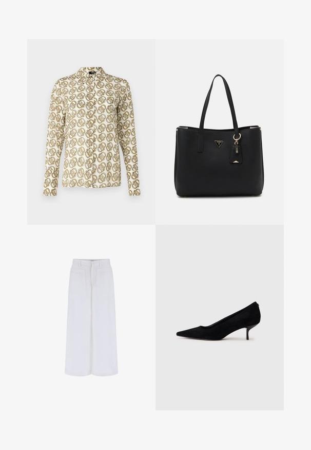 Bluză cu mânecă lungă din material crem, având un model geometric repetitiv în nuanțe de aur și maro. Guler clasic și închidere cu nasturi pe față.; Pantaloni albi cu pantaloni largi, cu o textură netedă, având două buzunare frontale și închidere cu nasture, concepuți pentru o potrivire lejeră.; Pantofii cu toc înalt din suede negru, cu vârf ascuțit și un toc subțire, jos. Textură netedă, cu un design elegant, fără hardware vizibil.; Geantă tote neagră din material sintetic texturat, având două mânere, un placaj cu logo auriu și un etichetă mică cu un detaliu de accent.