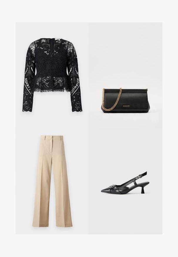 Must mustriba peplum tip, mille varrukatega, keeruliste lillemusterte ja sakilise hemiga. Omab ümmargust kaelust ja seljal tõmblukku.; Kreemikad laiad püksid, mis on valmistatud siledast kangast, millel on tasapinnaline esiosa koos voldikutega, lukuga esiosa ja vöökohale silmused. Üldine puhas istuvus.; Must must have must toote tõmblukuga, dekoratiivsed rihmad metallist silmadega ja madal blokk-kand. Tekstureeritud pind.; Mustast nahast klamberkott kuldse kettrihmaga, millel on sile tekstuur, ristkülikuline kuju ja esiküljel reljeefne brändingu märk.