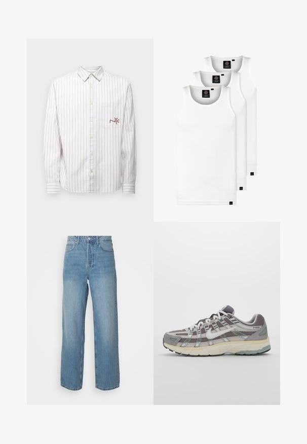 Camicia bianca a maniche lunghe con sottili righe rosa e beige, colletto button-down e taschino sul lato sinistro con ricamo "NYC" in bordeaux.; Tre canotte bianche a coste in cotone. Presentano un colletto rotondo e piccole etichette nere vicino all'orlo. Disponibile in diverse taglie.; Jeans in denim azzurro chiaro a vita alta con gamba dritta, chiusura frontale con bottone e styling a cinque tasche su sfondo uniforme.; Scarpa sportiva grigia con tomaia in mesh e suede, dettagli bianchi, suola ammortizzata e un design distintivo con elementi riflettenti.