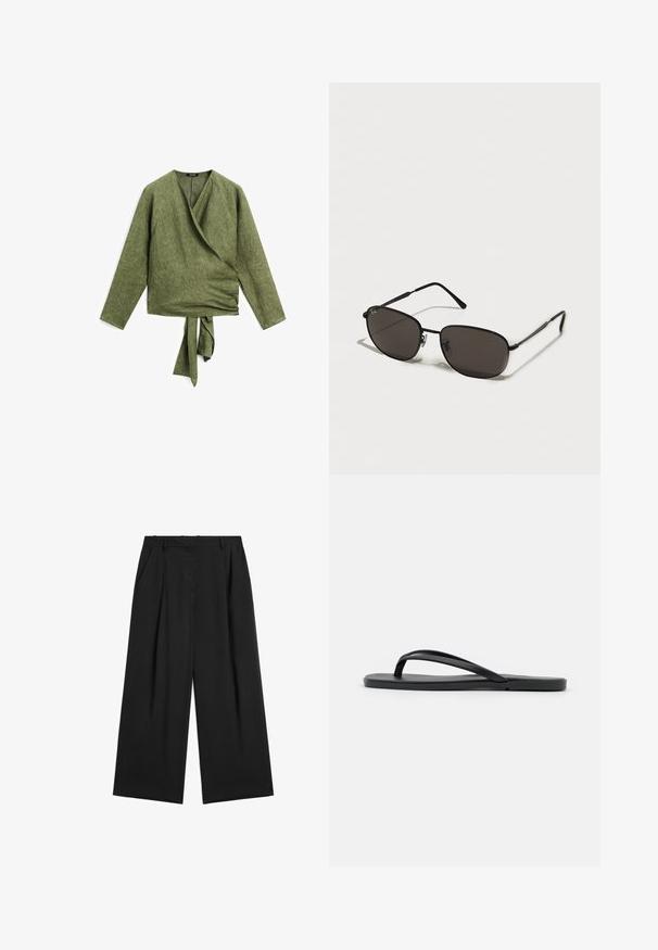 Top avvolgente in lino verde con maniche lunghe, scollatura a V e un nodo in vita. La texture è leggermente ruvida, con una finitura naturale.; Pantaloni neri a gamba larga con una parte anteriore plissettata, realizzati in tessuto leggero. Caratterizzati da una vita alta e una texture liscia. Senza decorazioni visibili.; Infradito neri con un design minimalista, suola piatta, cinturini sottili e texture liscia. Senza ulteriori motivi o accenti.; Occhiali da sole neri in metallo con montatura ovale, lenti scure, aste sottili e un logo discreto sulla lente sinistra. Design elegante e minimalista.