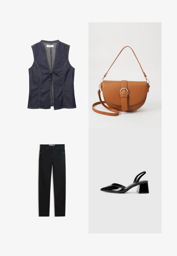Farmerdzseki V nyakkivágással, ujjatlan kivitelben és elöl megkötős záródással. Kontrasztos varrás és puha, texturált anyag jellemzi.; Fekete farmernadrág egyenes szárú fazonnal, öt zsebbel, fémből készült gombzárral és diszkrét varrási részletekkel. Sima textura.; Fekete lakk bőr szandálkés magas sarkú cipő, hegyes orral és geometrikus tömbsarkakkal. Karcsú, minimalista dizájn és sima textúra jellemzi.; Barna bőr keresztbody táska ívelt formával, aranyszínű fémrészekkel és csat díszítéssel. Levehető vállpánttal rendelkezik.