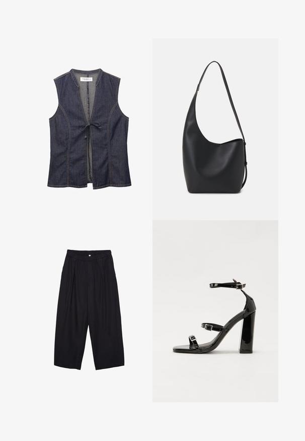 Jeansväst med V-ringning, ärmlös design och framknäppning. Har kontrasterande sömmar och ett mjukt, texturerat tyg.; Svarta polyester culottbyxor med elastisk midja, två framfickor och en lös silhuett. Inga synliga mönster eller hårdvarudetaljer.; Svarta lackerade högklackade sandaler med två spännband, fyrkantig tå och en tjock klack, med en slät och glansig yta.; Svart läder hobo-väska med en slät textur, kurvig form och en justerbar axelrem; har en bred öppning upptill.