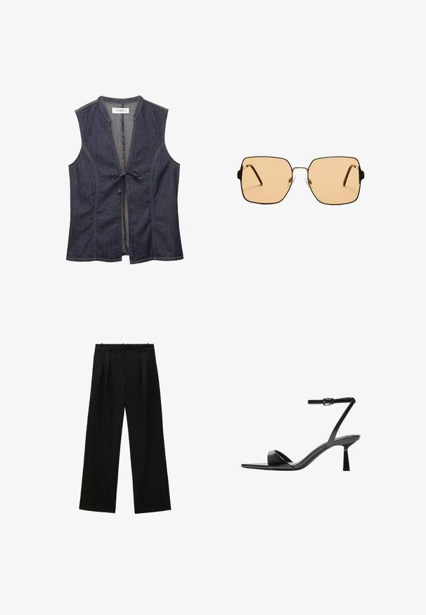 Denim brezrokavnik z V-izrezom, brez rokavov in sprednjim zapiranjem na vozel. Ima kontrastne šive in mehak, teksturiran material.; Črne široke hlače z naborki, ki imajo gladko teksturo in visok pas. Minimalističen slog, brez vidne opreme ali okrasnih elementov.; Bershka Sandali z visoko peto - black; Kvadratne sončna očala z rjavimi lečami in tankim črnim kovinskim okvirjem. Imajo poševne ušesne dele in nastavljive nosne blazinice za udobje.; Rjava usnjena torba z nabranim vrhom in verižnim trakom. Gladka tekstura z sijajno površino in subtilnimi šivi na straneh.