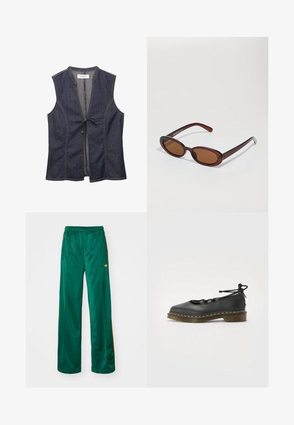 Denim brezrokavnik z V-izrezom, brez rokavov in sprednjim zapiranjem na vozel. Ima kontrastne šive in mehak, teksturiran material.; Zelene satenske atletske hlače z udobnim krojem, ki vključujejo rumene stripe in vezeno logo na levi strani. Elastičen pas.; Črne usnjene čevlje z zaobljenim prstom, nizkim petami, čipkastimi detajli in rumenim šivom ob podplatu. Gladka tekstura z mat površino.; Okrogle, rjavo obarvane sončne naočare z sijočim burgundskim okvirjem. Tanek nosilec s subtilnim logotipom. Oblika leč je ravna.