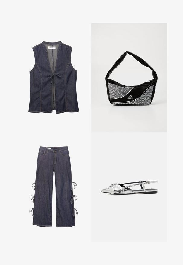 Kamizelka dżinsowa z dekoltem w serek, bez rękawów i z zapięciem na wiązanie z przodu. Posiada kontrastowe przeszycia oraz miękką, teksturowaną tkaninę.; Jeansy w kantach w ciemnoniebieskim kolorze z bocznymi wiązaniami i zapięciem na guzik. Posiadają przednie kieszenie i luźny krój.; Srebrne metaliczne płaskie buty na pasku z szpiczastym noskiem, z detalem w formie węzła z przodu oraz regulowanym paskiem zapewniającym pewne dopasowanie.; Czarna i srebrna torba adidas o gładkiej fakturze, z błyszczącym wzorem z ćwieków i charakterystycznym, zakrzywionym kształtem.