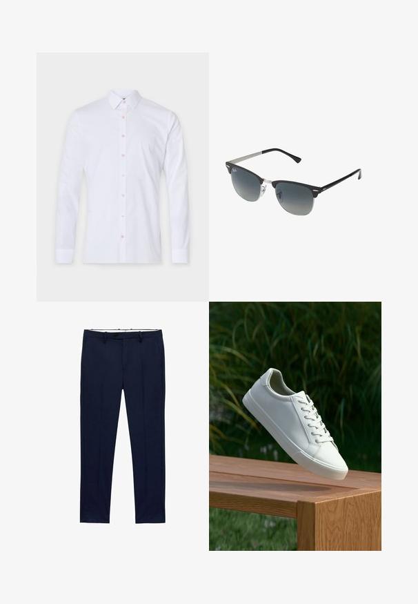 Vit långärmad skjorta i bomull med krage som knäpps med knappar, rosa knappar och en figursydd design. Inga mönster eller grafik.; Mörkblå byxor med slim fit och ränder. Har dragkedja, bälteshällor och framfickor. Slät tygliknande struktur.; Vit snörad sneaker svävande ovanför en träbänk med gröna växter i bakgrunden, som visar skodesign och textur.; Svarta och silverfärgade solglasögon med kattögaform, gradientlinser och metalliska detaljer på ramen. Plastbågar med gråa tippar.