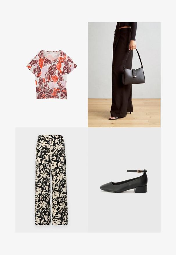 Koszulka z krótkim rękawem i dekoltem w serek, wykonana z lekkiego materiału. Charakteryzuje się wyrazistym wzorem liści w odcieniach czerwieni, bordowego i różowego na jasnym tle.; Czarne spodnie wide-leg z kremowym kwiatowym wzorem. Wykonane z lekkiego materiału, o gładkiej teksturze i wysokim staniku.; Czarne skórzane szpilki z ostrym noskiem i niskim słupkowym obcasem. Wyposażone w pasek na kostkę z złotym zapięciem. Gładka tekstura.; Czarna torebka o usztywnionym kształcie, gładkiej fakturze i metalowym zapięciem. Połączona z szerokimi czarnymi spodniami i sandałami na otwartym palcu na drewnianej podłodze.