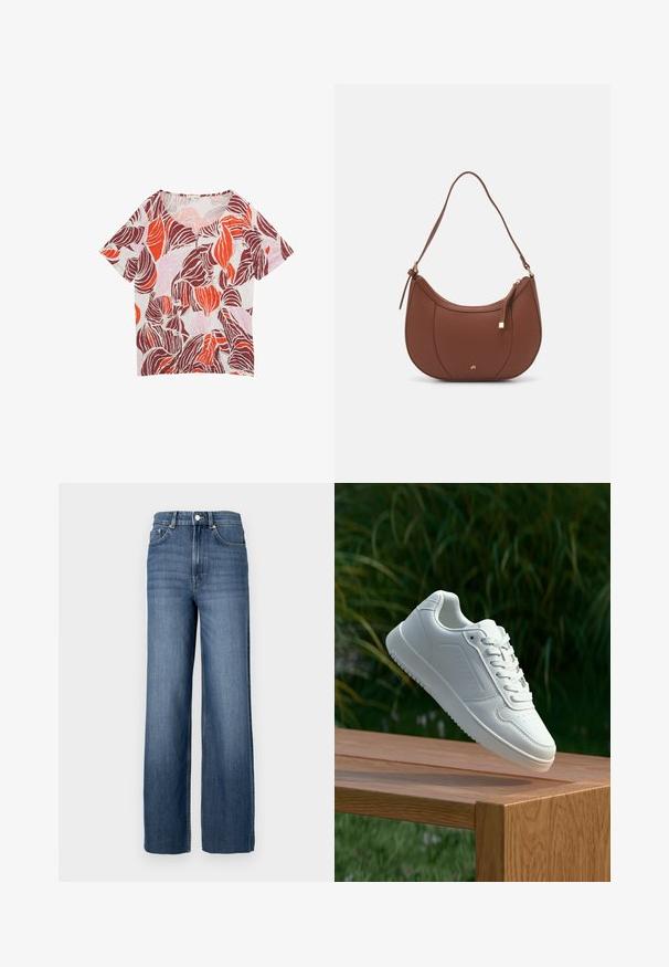 Short-sleeve, v-neck shirt made of lightweight fabric. Features a bold leaf pattern in red, burgundy, and pink on a light background.; Blue denim jeans with a high waistband and wide-leg cut. Features a classic five-pocket design and metal button detailing.; White sneaker with a smooth synthetic upper, perforated toe box, flat laces, and a textured sole, displayed on a wooden surface.; Brown faux leather shoulder bag with curved shape, minimal stitching, and a gold-tone hardware accent. Features a top zipper closure and adjustable strap.