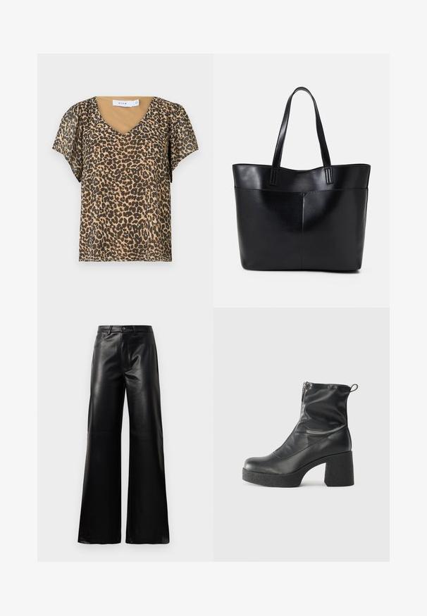 Leopardimustriga pluus V-kaelusega, lühikeste varrukatega, pruun ja tan värvigammaga, kergest kangast ja voolava disainiga. Brändi silt on nähtav.; Mustad talje laiad jalad kunstnahast püksid esipaneeli nööbi ja lukuga, vöödega ja küljetaskutega valge tausta peal.; Mustad mustad ansapüksid, mis on valmistatud siledast nahast, külje zipperiga, paksu tekstuuriga kontsaga ja ümmarguse nina disainiga.; Must mustaga musta nahast, millel on kaks pikka kanda, sile tekstuur ja struktureeritud kuju. Esipoolsel on lisakoti jaoks tasku.