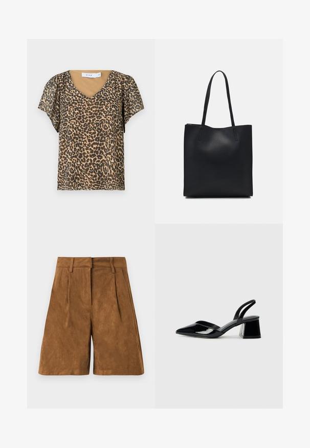 Leopard print blouse with a V-neck, short sleeves, brown and tan color scheme, lightweight fabric, and flowing design. Brand label visible.; Brown suede shorts with a smooth texture, featuring front pleats, a flat waistband, and a straight cut.; Black patent leather slingback heels with a pointed toe and a geometric block heel. Features a sleek, minimal design and smooth texture.; Black leather tote bag with smooth texture, rectangular shape, and two long handles. No visible hardware or embellishments.
