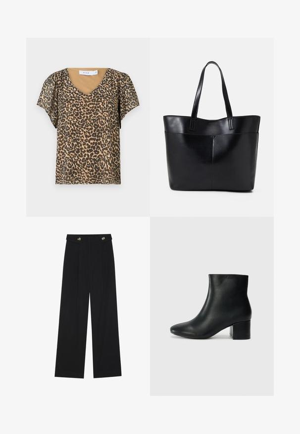 Bluza s leopardjim vzorom z V-izrezom, kratkimi rokavi, rjavo-bež barvno shemo, lahkim blagom in tekočim dizajnom. Vidna blagovna znamka.; Črne široke hlače s visokim pasom, gumbnimi detajli na pasu in sprednjimi gubami.; Črne usnjene gležnjarje s koničastim nosom in debelim peto. Gladka tekstura z minimalnimi detajli in eleganten, prilegajoč dizajn.; Črna usnjena torba z dvema dolgima ročajema, gladko teksturo in strukturirano obliko. Ima sprednji žep za dodatno shranjevanje.