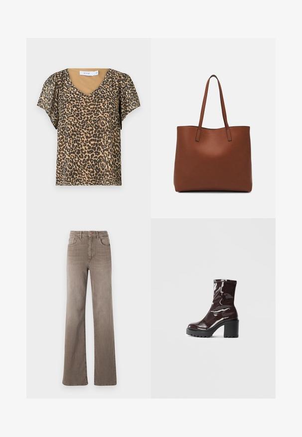 Bluza s leopardjim vzorom z V-izrezom, kratkimi rokavi, rjavo-bež barvno shemo, lahkim blagom in tekočim dizajnom. Vidna blagovna znamka.; Rjavi visoki naramnice z ravnimi hlačnicami in sprednjim gumbom, z zanko za pas in klasičnim petim žepnim dizajnom na beli podlagi.; Sijajan škrlatank z bleščečim videzom, z masivnim črnim peto, ki se ponaša z gladko teksturo in preprostim dizajnom. Brez vidnih zapenjal ali vzorcev.; Rjava usnjena torba z gladko teksturo, odprto zasnovo zgoraj in dvema naramnima trakovoma. Opremljena je z minimalnim šivanjem in brez vidnih kovinskih delov.