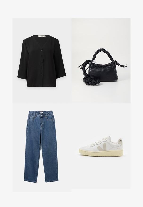 Fekete, rövid ujjú, gombos blúz V nyakkivágással, texturált anyaggal és hat fekete gombbal az elején.; Klasszikus kék farmernadrág egyenes szárú dizájnal, öt zsebbel és gombos zárással. Közepes mosású és strapabíró textúrával rendelkezik.; Fehér bőr sneaker bézs velúr részletekkel, perforált orr résszel, lapos fűzőkkel és textúrált krémszínű talppal. Finom márkajelzés található a sarkán.; Fekete műbőr kézi táska krokodil bőr textúrával, összehúzható tetejű és gyűrt pánttal. Lágy és kompakt dizájnúnak tűnik.