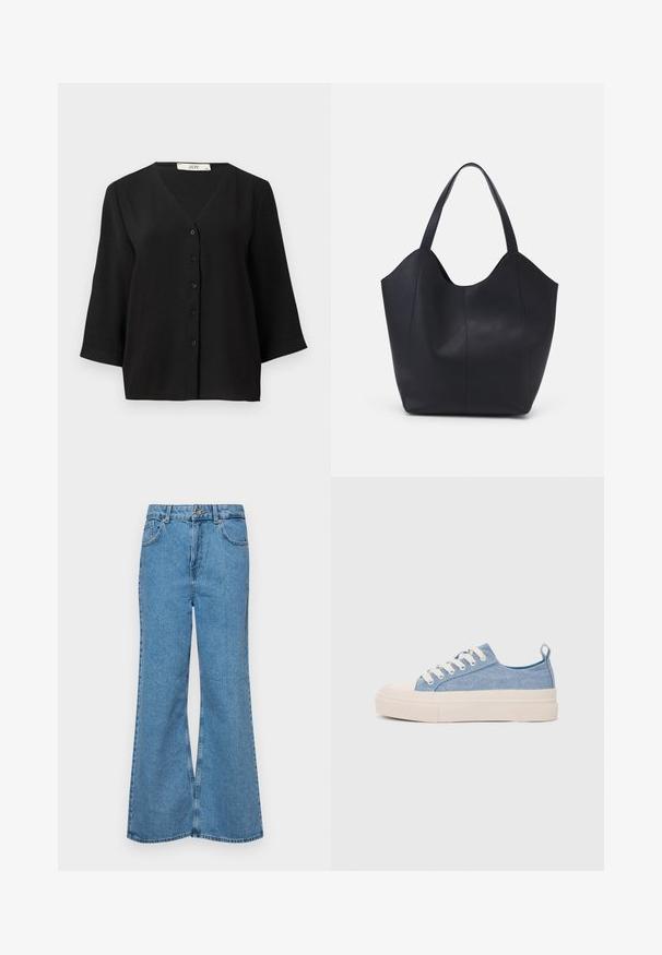Μαύρο κοντομάνικο πουκάμισο με κουμπιά και V-ανοιχτό λαιμό, διαθέτει υφή υφάσματος και έξι μαύρα κουμπιά μπροστά.; Ανοιχτό γαλάζιο τζιν παντελόνι σε καμπάνα, κατασκευασμένο από τζιν ύφασμα, με ψηλή μέση, πέντε τσέπες και κλείσιμο με έναν μόνο κουμπί. Μαλακή υφή με ξεθωριασμένο φινίρισμα.; Ανοιχτό μπλε καμβά αθλητικά παπούτσια με κρεμ καουτσούκ στη μύτη και την εξωτερική σόλα, διαθέτοντας λευκές κορδόνες και λαβή στον τακούνι.; Μαύρη τσάντα tote από λείο δέρμα, με καμπύλη, ανοιχτή κορυφή, δύο ιμάντες ώμου και μινιμαλιστικό σχέδιο.