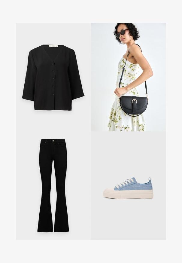 Mustapaitapaita, jossa on lyhyet hihat ja V-kaula-aukko. Paidassa on teksturoitu kangas ja edessä kuusi mustaa nappia.; Mustat korkeavyötäröiset farkut nappi- ja vetskariyläosalla, etutaskuilla ja levenevillä lahkeilla, asetettuna tasaisesti valkoista taustaa vasten.; Vaaleansiniset kangaskengät, joissa on kerma värinen kuminen varvaskuppi ja pohja, valkoiset nauhat ja vetotappi kantapäässä.; Musta nahkainen käsilaukku, joka on kaareva muotoilultaan, irrotettavalla hihnalla ja kultaisilla yksityiskohdilla. Laukussa on läppä, jossa on solk yksityiskohta.