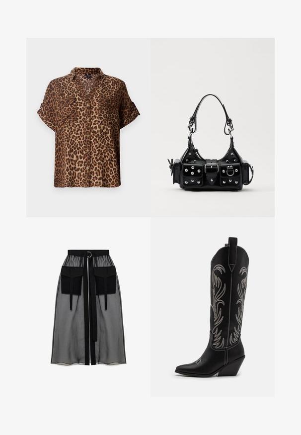 Short-sleeve, button-up blouse in leopard print, featuring a light brown and black color scheme, with two chest pockets and a relaxed fit.; Black sheer skirt with a gathered waistband, featuring two large front pockets, a waist tie, and a circular metal accent.; Black leather cowboy boots with pointed toes, wedge heels, and silver embroidered floral patterns along the shaft. Contrast stitching throughout.; Black leather handbag with a curved design, featuring silver studs, a buckle, and two side pockets. Adjustable strap for carrying options.
