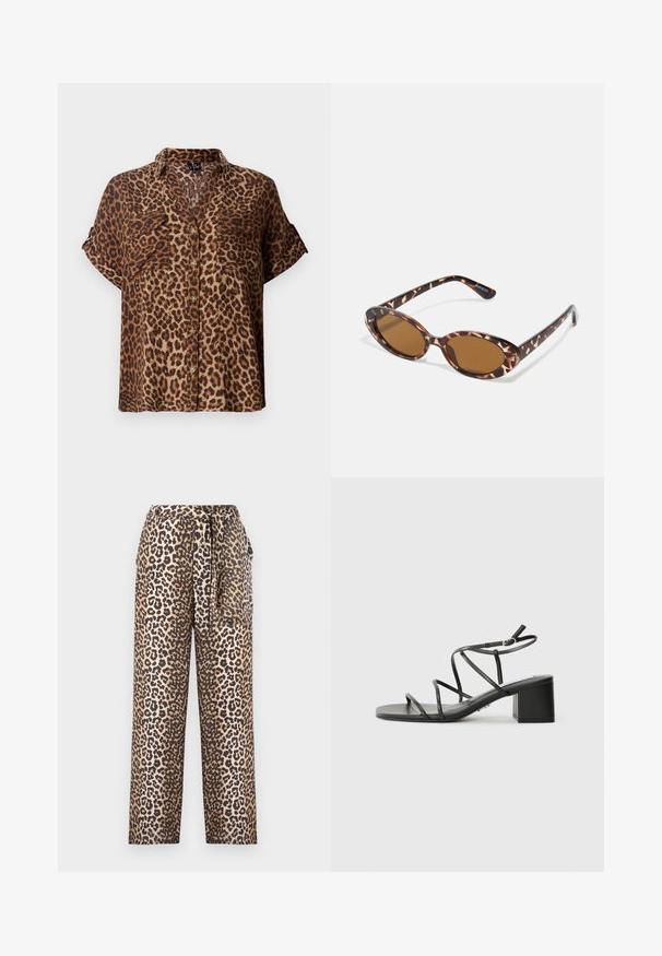 Short-sleeve, button-up blouse in leopard print, featuring a light brown and black color scheme, with two chest pockets and a relaxed fit.; Leopard print wide-leg trousers in a soft fabric, featuring a tied waist detail and a smooth texture. Color palette includes beige and black.; Black strappy sandals with a square toe and a chunky heel, made of smooth material. Features adjustable ankle straps and minimal hardware.; Tortoiseshell sunglasses with oval lenses, brown-tinted, thin arms featuring a textured pattern, lightweight plastic frame.