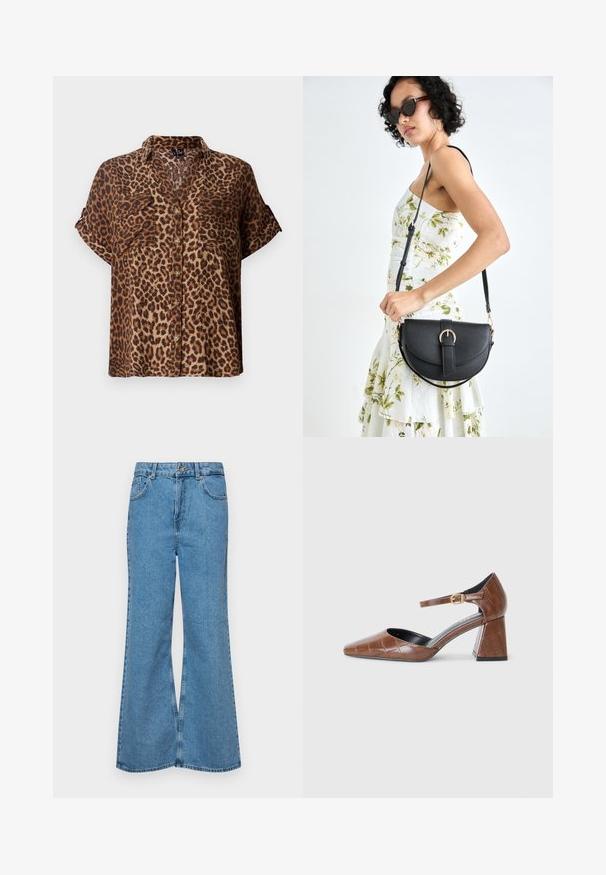 Kortermet, knappet bluse i leopardmønster, med et lys brunt og svart fargevalg, to brystlommer og en avslappet passform.; Lyseblå vide jeans laget av denim, med høyt liv, fem lommer og en enkelt knappelukking. Myk tekstur med falmet finish.; Brune lakksandal med firkantet tå, teksturert krokodillemønster, ankelreim med gullspenne og en tykk hæl.; Svart lærveske med en buet form, avtagbar stropp og gullbeslag. Vesken har et klaff med spenne-detall.