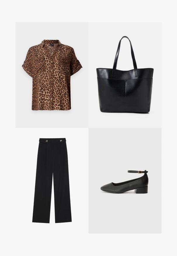 Kortermet, knappet bluse i leopardmønster, med et lys brunt og svart fargevalg, to brystlommer og en avslappet passform.; Svart vide bukser med høy midje, knappdetaljer på midjebåndet og frontplisser.; Sorte skinnpumper med spiss tå og lav blokkhelt. Har ankelrem med gullfarget spenne. Glatt tekstur.; Svart lær toteveske med to lange håndtak, en glatt tekstur og en strukturert form. Har en frontlomme for ekstra oppbevaring.