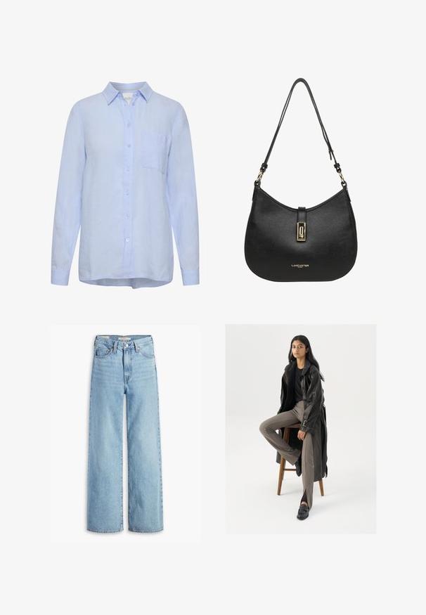 Chemise en lin bleu clair avec col, manches longues, fermeture à boutons sur le devant et une poche poitrine. Texture douce, coupe décontractée.; Jean large taille haute en denim bleu clair avec fermeture à bouton et zip à l'avant, passants de ceinture et cinq poches.; Manteau trench en cuir noir avec des boutons et une ceinture, associé à un pantalon ajusté marron clair et des mocassins noirs, assis sur un tabouret en bois.; Sac à main en cuir noir avec un design courbé, dotée d'un fermoir en métal doré et d'un logo en relief à l'avant. Surface texturée.
