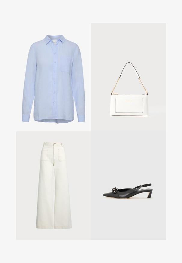 Svetlomodrá ľanová košeľa s golierom, dlhými rukávmi, predným zapínaním na gombíky a jednou náprsné vrecko. Mäkka textúra, voľný strih.; Džínsy s širšími nohavicami v off-white denim. Vysoký pás s gombíkovým zapínaním, dve predné vrecká a kontrastné švy.; Čierne kožené sandále s úzkym prstom, malým opätkom a dekoratívnou sponou na vrchnej časti. Hladká textúra, minimalistický dizajn.; Biele kožené kabelka s textúrovaným povrchom, ktorá má zlatý retiazkový popruh a čierne akcenty. Obsahuje prednú kapsu a zipsové zapínanie.