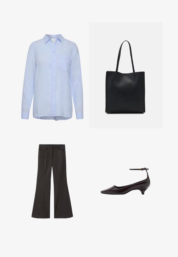 Light blue linen shirt with a collar, long sleeves, front button closure, and a single chest pocket. Soft texture, relaxed fit.; Black flared trousers with a high waist; features two front pockets and a smooth fabric texture. Suitable for various occasions.; Dark brown pointed-toe leather kitten heel shoe with a thin ankle strap and a small gold buckle.; Black leather tote bag with smooth texture, rectangular shape, and two long handles. No visible hardware or embellishments.