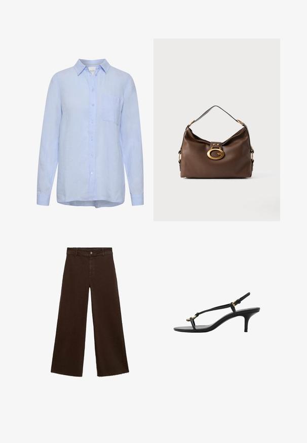 Light blue linen shirt with a collar, long sleeves, front button closure, and a single chest pocket. Soft texture, relaxed fit.; Brown wide-leg trousers in cotton blend, featuring a frayed hem, front button closure, and classic five-pocket design. Minimalistic and versatile.; Black leather kitten heel sandal with thin straps, gold buckle, and minimalist toe loop on a white background.; Brown leather handbag with a textured finish, featuring a gold-tone hardware clasp and a single, curved shoulder strap.