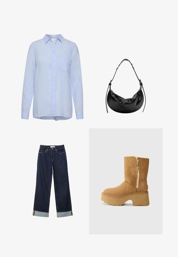 Lichtblauwe linnen overhemd met een kraag, lange mouwen, sluiting met knopen aan de voorkant en een enkele borstzak. Zachte textuur, ontspannen pasvorm.; Donkerblauwe wijde jeans met een hoge taille, voorzien van omgeslagen manchetten, contrasterende stiksels en een vijf-pocket ontwerp. Gemaakt van denim stof.; UGG NEW HEIGHTS CUFF - Snowboots - chestnut; Zwarte leren handtas met een halve maan vorm, gladde textuur en verstelbare schouderband, met subtiele hardware accenten. Rits sluiting zichtbaar.