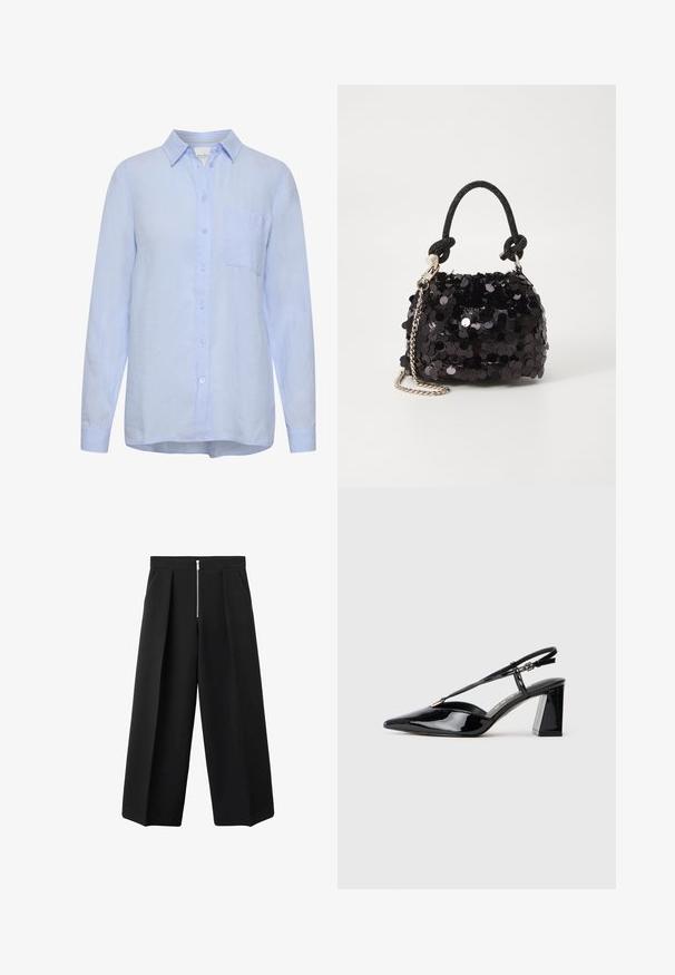 Light blue linen shirt with a collar, long sleeves, front button closure, and a single chest pocket. Soft texture, relaxed fit.; Black wide-leg trousers with front pleats and a visible silver zipper closure at the waist, flat front, and side pockets.; Black patent leather slingback high-heeled shoes with a pointed toe, adjustable strap, and chunky rectangular heel.; Black sequin mini handbag with a knotted textured strap and silver chain. Rounded shape with gathered top and reflective detailing.