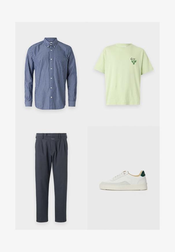 Niebieska i biała w paski koszula z guzikami, z kołnierzykiem, długimi rękawami, kieszonką oraz białymi zapięciami na guziki.; Jasnozielona koszulka wykonana z bawełny, z krótkimi rękawami, z grafiką kaktusa i napisem "CLOSED" w czerni przy lewej piersi.; Ciemnoszare spodnie z prostymi nogawkami, plisami z przodu i zapięciem na guzik, wykonane z gładkiego, lekkiego materiału.; Białe trampki z zamszowymi akcentami, zaokrąglony czubek, płaskie sznurowadła i kremowa gumowa podeszwa. Posiadają zielone logo na pięcie.