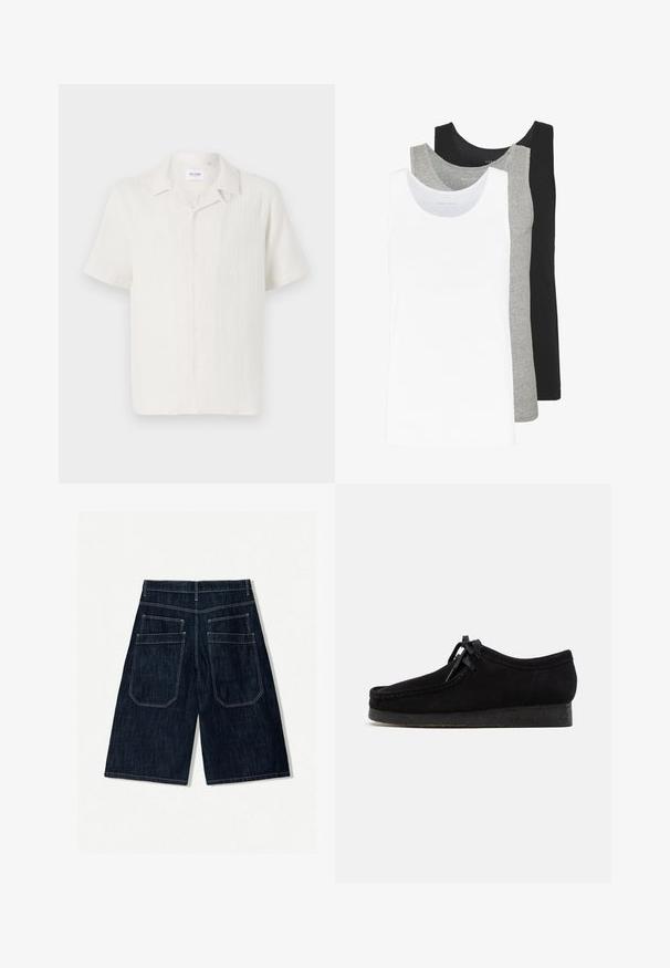 Košile s krátkým rukávem v odstínu světle krémové, s jemným texturovaným vzorem a klasickým designem límce.; Tři tílka v bílé, šedé a černé barvě. Každé má klasický bezrukávový design, je vyrobeno z lehkého bavlněného materiálu s žebrovanou texturou.; Tmavě modré denimové šortky s volným střihem, obsahující dvě zadní kapsy, kontrastní šití a rovný střih nohavic.; Černé semišové boty s kulatou špičkou, šněrováním vpředu a strukturovanou černou gumovou podrážkou. Hladký svršek s jemným prošíváním.