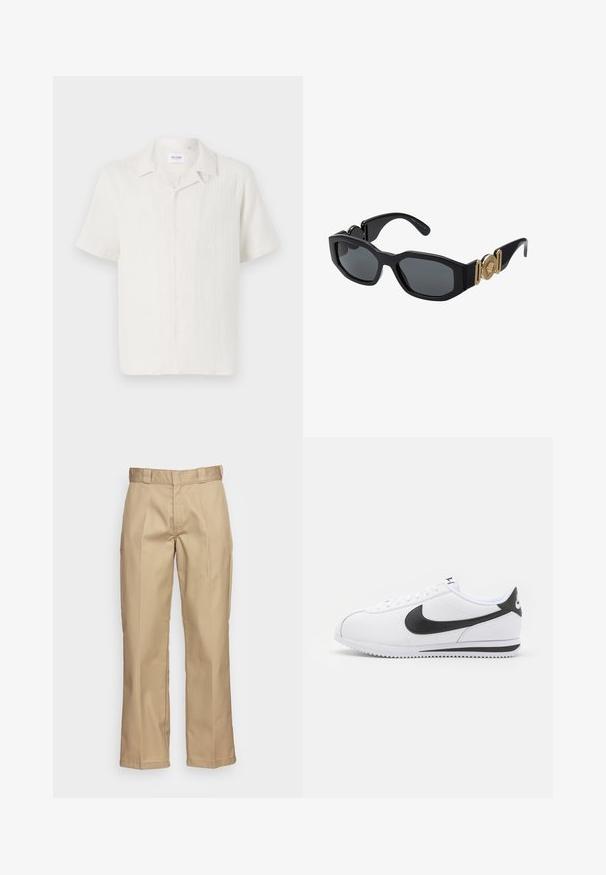 Lühikeste varrukatega nööbitav särk heledas kreemitoonis, millel on peen tekstuuriline muster ja klassikaline krae disain.; Valge puuvillane t-särk lühikeste varrukatega, ümmarguse kaelusega, lõdva lõikega ja ilma nähtavate logodeta või mustriteta. Sile tekstuur ja minimaalne disain.; Khaki püksid sirge jala disainiga, valmistatud vastupidavast kangast, mis omab siledat tekstuuri ja kahekordset kumerust ees, et lisada detailide mitmekesisust.; Valged nahast spordijalatsid musta Nike swooshiga, lamedate paelte ja tekstuurse kummitaldaga. Ümar varbaväljund ja pehme kael, et tagada mugavus.; Mustad mustanlaadsed prillid, millel on jäme geomeetriline raam, tumedad läätsed ja kuldsed metallaktsendid templitel koos ümmarguse embleemiga.
