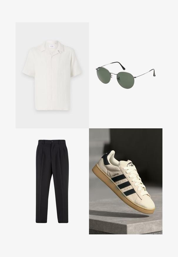 Kurzärmliges Hemd mit Knopfleiste in hellcreme Farbton, das ein dezentes strukturiertes Muster und ein klassisches Kragen-Design aufweist.; Weißes Baumwoll-T-Shirt mit kurzen Ärmeln, Rundhalsausschnitt und lässigem Schnitt. Glatte Textur ohne sichtbare Muster oder Akzente.; Schwarze Hose mit plissiertem Vorderdesign, aus glattem Stoff gefertigt. Mit Knopfverschluss und Gürtelschlaufen; gerade Passform.; Beige Wildledersneaker mit drei dunkelblauen Streifen, weißen Schnürsenkeln und einer tannfarbigen Gummisohle. Verfügt über ein Logo auf der Zunge und den Text "CAMPUS".; Metallgestellte Sonnenbrille mit ovalen grünen Gläsern. Dünner silberner Metallrahmen und schwarze Ohrstücke. Minimalistisches Design, keine sichtbaren Logos.