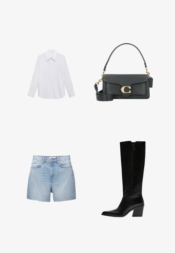 Bílá košile s dlouhým rukávem a širokým límcem, která má hladkou texturu a zapínání na knoflíky vpředu.; Světle modré džínové šortky s třepenými lemy, pěti kapsami a knoflíkovým zapínáním. Látka má bledý odstín a mírné opotřebení.; Černé kozačky po kolena vyrobené z hladké kůže, s špičatou špičkou, blokovým podpatkem a výřezem ve tvaru V na vrchu.; Černá kožená kabelka se zlatým kováním, s podpisovým zapínáním, odnímatelným ramenním popruhem a texturovaným povrchem.