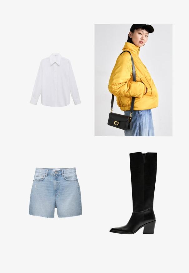 Weißes Langarmhemd mit breitem Kentkragen, das eine glatte Textur und eine Knopfleiste auf der Vorderseite aufweist.; Hellblaue Jeansshorts mit ausgefransten Säumen, fünf Taschen und einem Knopfverschluss. Der Stoff hat eine verblasste Wäsche und leichte Beanspruchungen.; Schwarze kniehohe Stiefel aus glattem Leder, mit spitzem Schuhbund, einem Blockabsatz und einem V-förmigen Ausschnitt an der Oberseite.; Gelbe gepolsterte Jacke mit hohem Kragen und Fronttasche, kombiniert mit einer schwarzen Umhängetasche mit goldenen Beschlägen. Lässige Denim-Hosen.