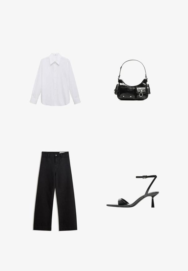 White long-sleeve button-up shirt with a wide spread collar, featuring a smooth texture and front button closure.; Black wide-leg denim pants with a high waist, featuring front and back pockets, stitched seams, and a button closure. Smooth texture.; Bershka High heeled sandals - black; Black patent leather handbag with a curved shape, one shoulder strap, front pockets, and silver-tone hardware accents.