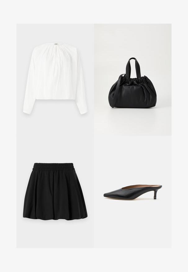 Hvit langermetbluse med rund hals og plisserte detaljer. Lett stoff med avslappet passform og mykt samlet detalj foran.; Svarte skjørt med rynket midje, vide linjer og myk tekstur. Glatt stoff uten synlige mønstre eller maskindetaljer.; Sorte lærmules med spiss tå og lav, blokkert hæl. Glatt tekstur med et elegant design. Åpen bak med minimal detaljering.; Svart lærveske med en samlet toppdesign, som har to korte håndtak og en lang justerbar stropp. Glatt tekstur, rund form.