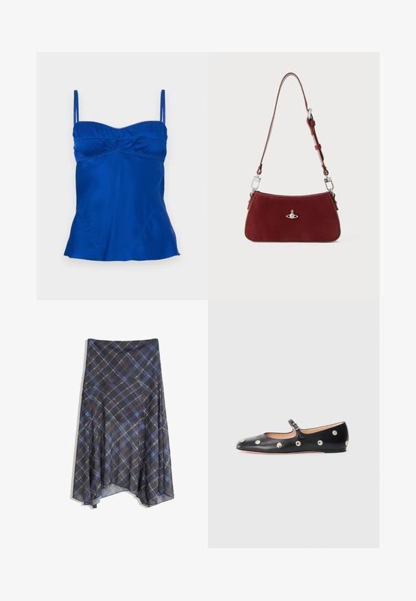 Satijnen blauwe top met verstelbare bandjes, een geplooide buste en een uitlopende zoom. Gladde textuur met subtiele stikdetails.; Zwarte geruite rok met blauwe en bruine lijnen, vloeiende stijl, middellang, gemaakt van lichte stof met een gladde textuur.; Zwarte leren Mary Jane ballerina met een ronde neus, voorzien van zilveren ronde studs en een verstelbaar bandje met een gesp.; Rode suède schoudertas met een gebogen vorm. Voorzien van een zilverkleurig accent en een verstelbare band met hardware-details. Gladde textuur.
