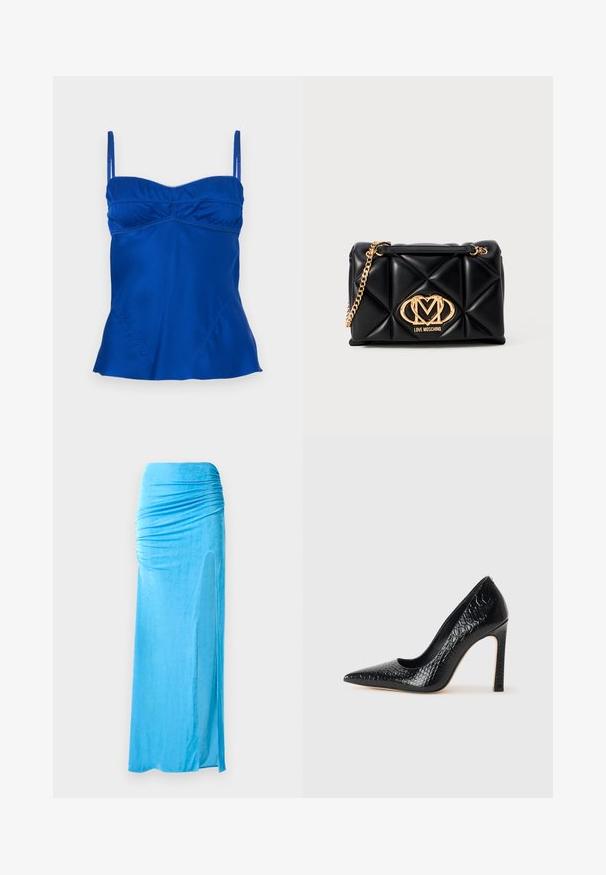 Saténová modrá tielko s nastaviteľnými ramienkami, nariaseným dekoltom a rozšíreným lemom. Hladká textura s jemnými švami.; Modrá bezrukávová blúzka vyrobená z mäkkej, textúrovanej látky. Má vysoký golier a asymetrický dizajn s nariasením na jednej strane.; Modrá velúrová maxi sukňa s nariasením v oblasti pásu, s bočným rozparkom a hladkou textúrou pre plynulý siluetu.; Čierna lodička s špicatou špičkou a lakovanou textúrou krokodíla, s elegantným dizajnom, vysokým stiletto podpätkom a hladkým čiernym interiérom.; Čierna prešívaná kabelka so zlatým reťazcom. Má zlaté logo na prednej strane. Vyrobená z syntetického materiálu v obdĺžnikovom tvare.