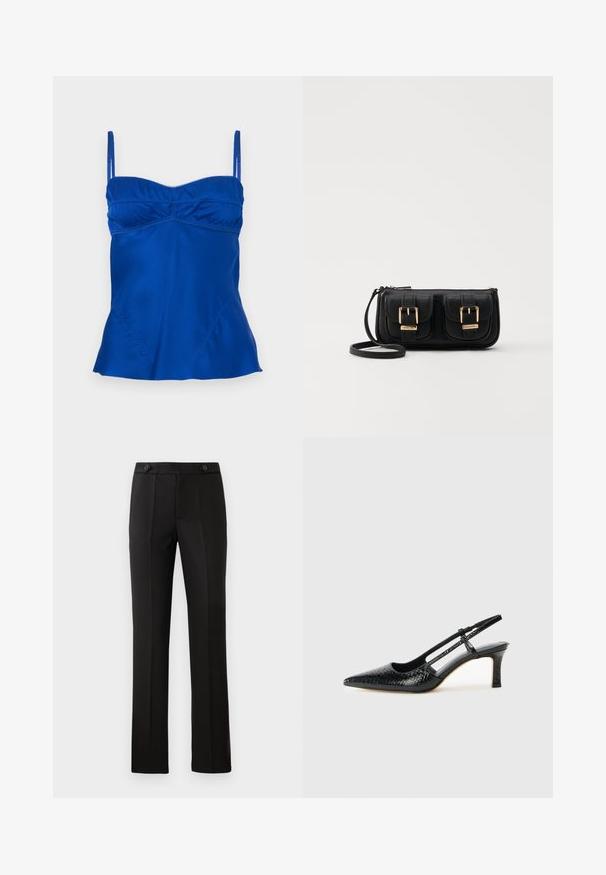 Satynowa, niebieska bluzka na ramiączkach z regulowanymi strapami, z marszczoną linią biustu i rozszerzanym dołem. Gładka faktura z delikatnymi detalami przeszycia.; Czarne spodnie o dopasowanym kroju z prostymi nogawkami, dwoma przednimi kieszeniami, zapięciem na guzik oraz detalami w postaci plis na przodzie. Gładka tekstura materiału.; Czarne lakierowane czółenka na obcasie typu slingback z wąskim noskiem, z teksturowanym wzorem wężowym, regulowanym paskiem oraz krótkim, teksturowanym obcasem w kształcie słupka.; Czarna skórzana torba na ramię z dwoma przednimi kieszeniami, złotymi klamrami, zamkiem błyskawicznym i cienkim paskiem. Teksturowana powierzchnia i kompaktowy prostokątny kształt.